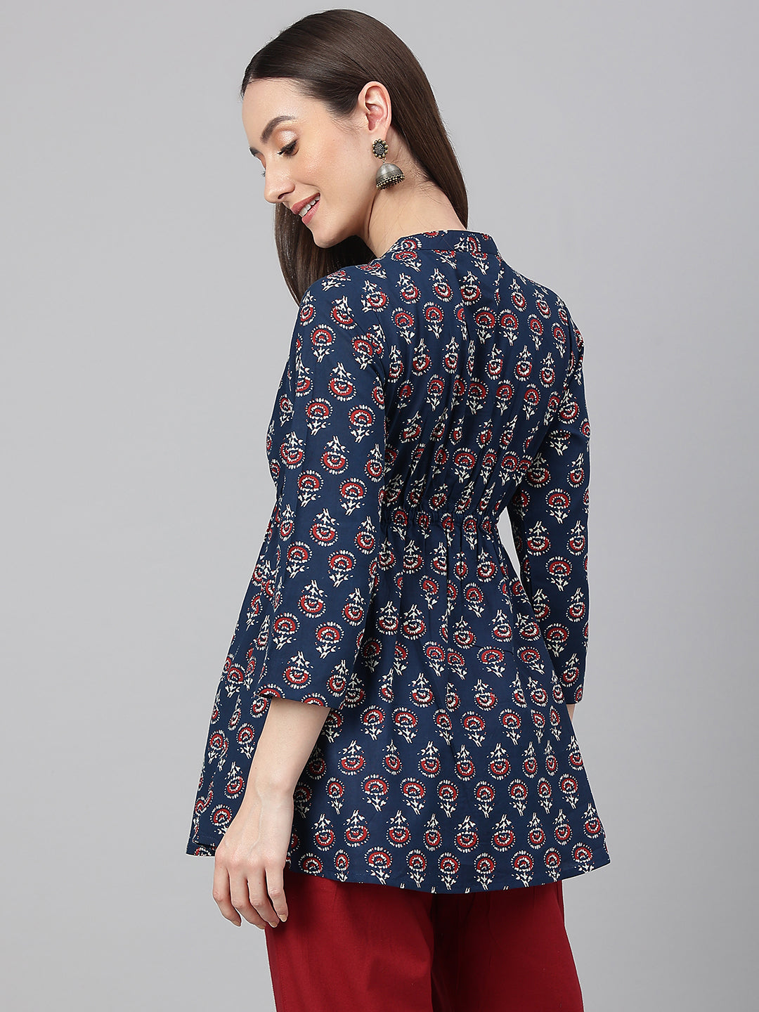 Navy Blue Cotton Printed A-Line Peplum Top