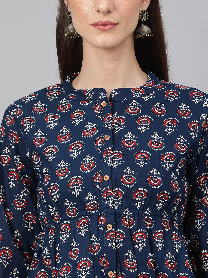 Navy Blue Cotton Printed A-Line Peplum Top