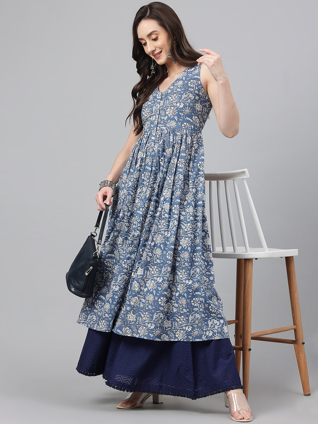 Slate Blue Cotton Floral Print Kalidar Kurta