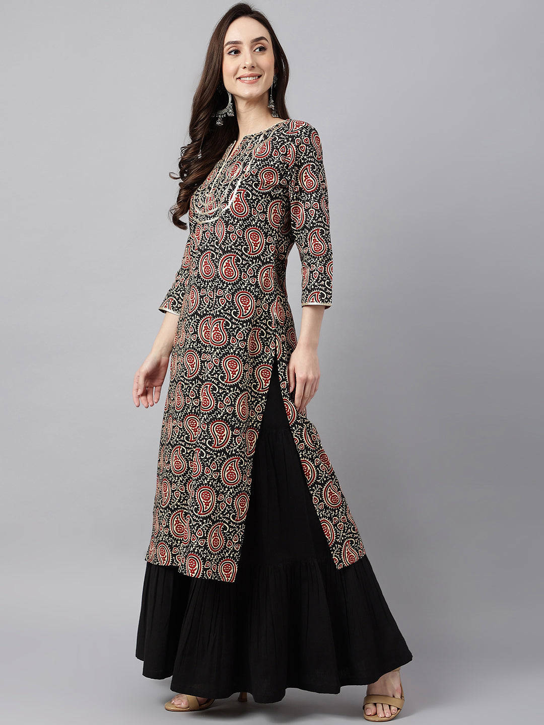 Black Cotton Paisley Printed Straight Kurta