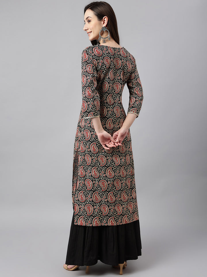 Black Cotton Paisley Printed Straight Kurta