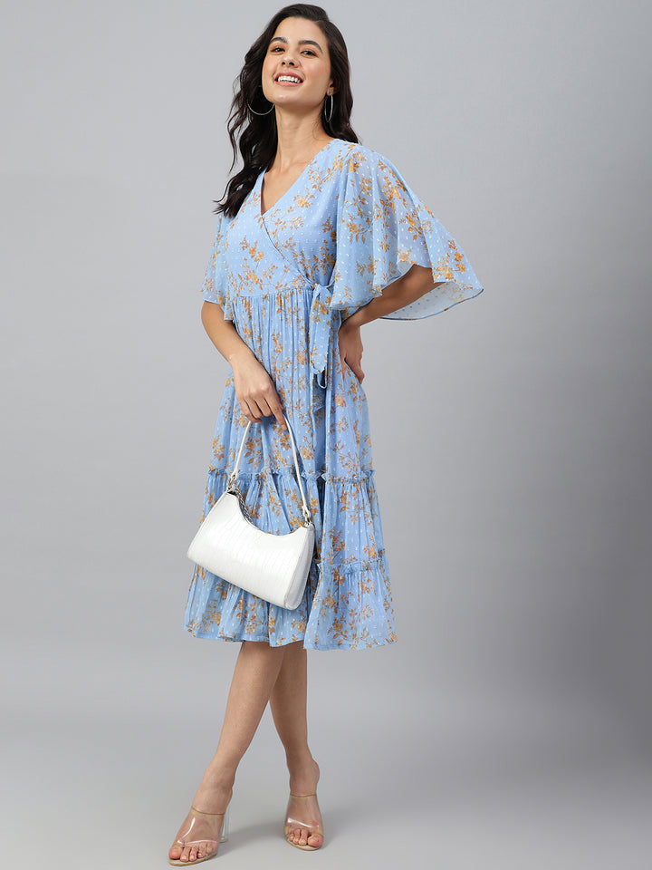 Cool Blue Dobby Georgette Printed Wrap Dress