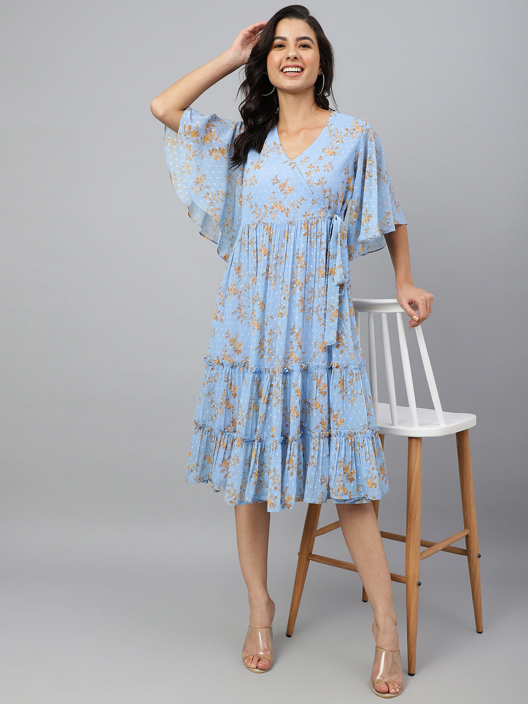 Cool Blue Dobby Georgette Printed Wrap Dress