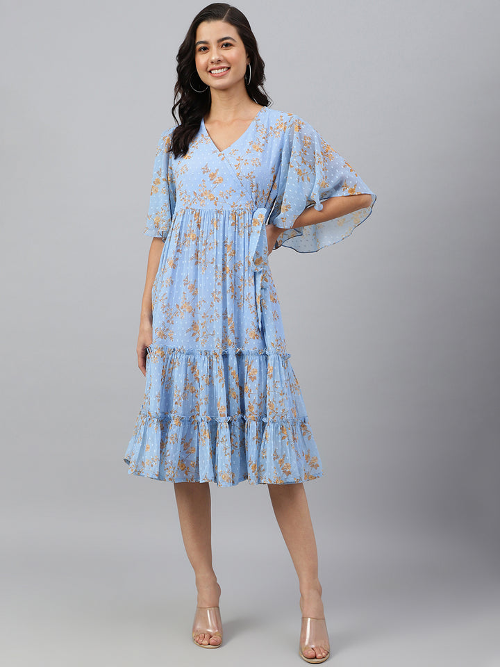 Cool Blue Dobby Georgette Printed Wrap Dress