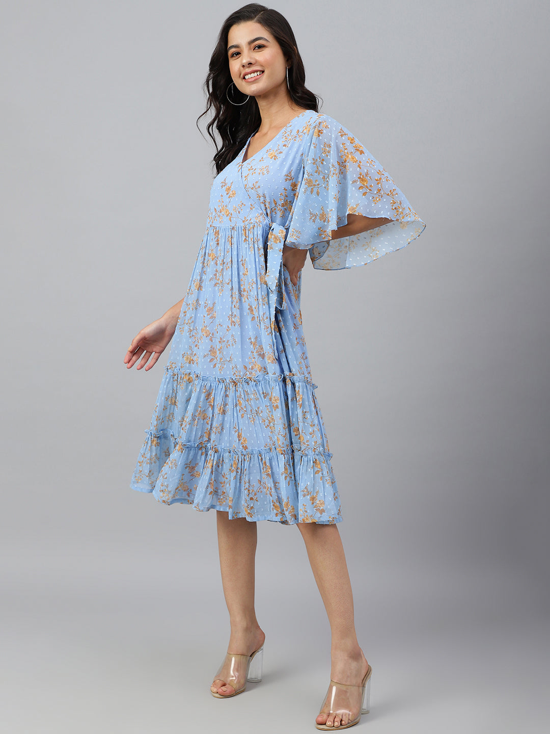 Cool Blue Dobby Georgette Printed Wrap Dress