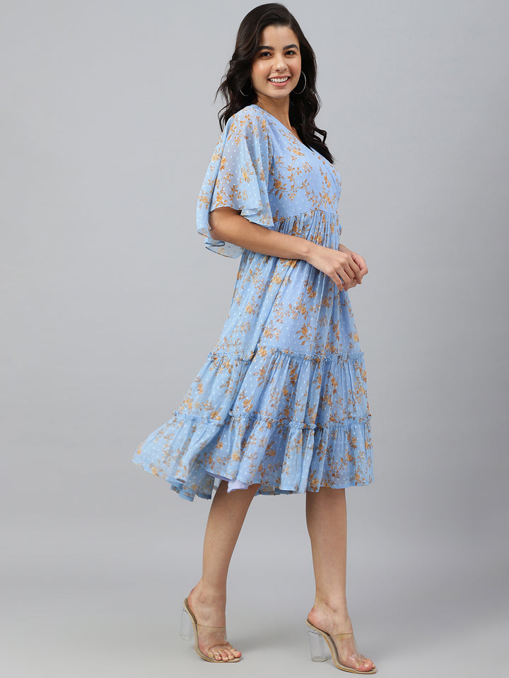 Cool Blue Dobby Georgette Printed Wrap Dress