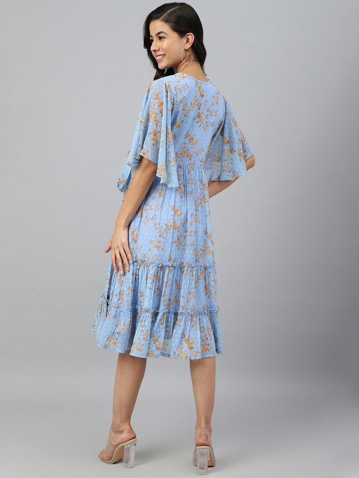 Cool Blue Dobby Georgette Printed Wrap Dress