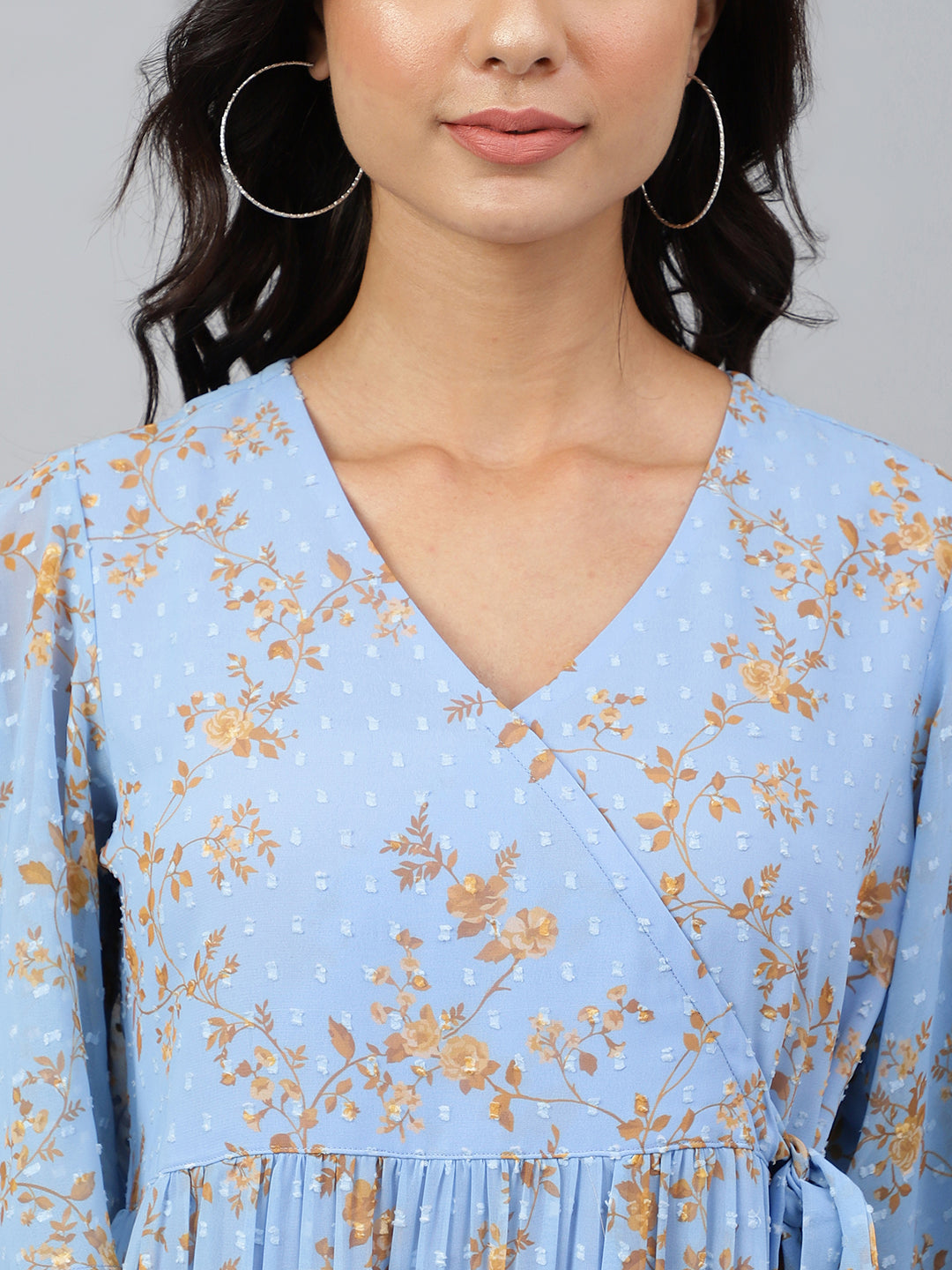 Cool Blue Dobby Georgette Printed Wrap Dress