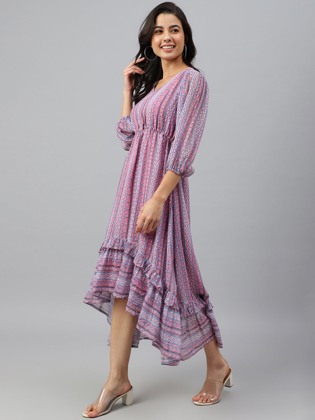 Pink Dobby Georgette High-Low Tier Dress