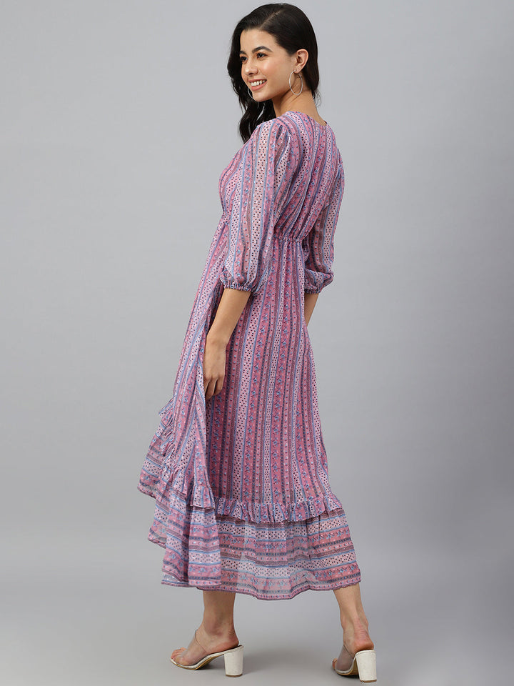 Pink Dobby Georgette High-Low Tier Dress