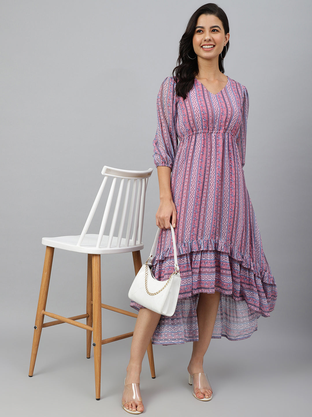 Pink Dobby Georgette High-Low Tier Dress