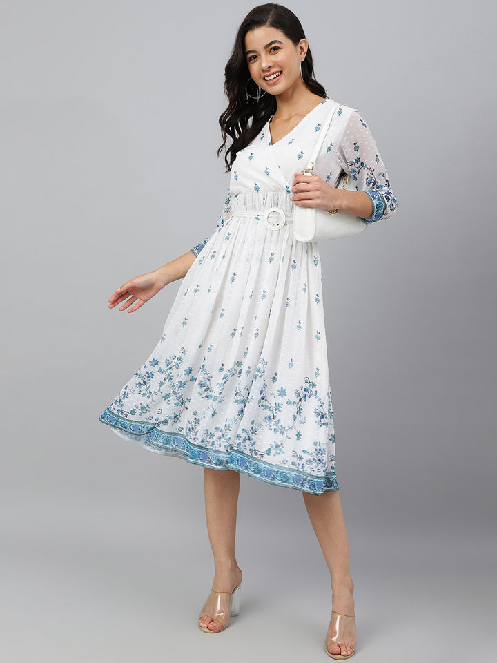 White Dobby Georgette Printed Wrap Dress