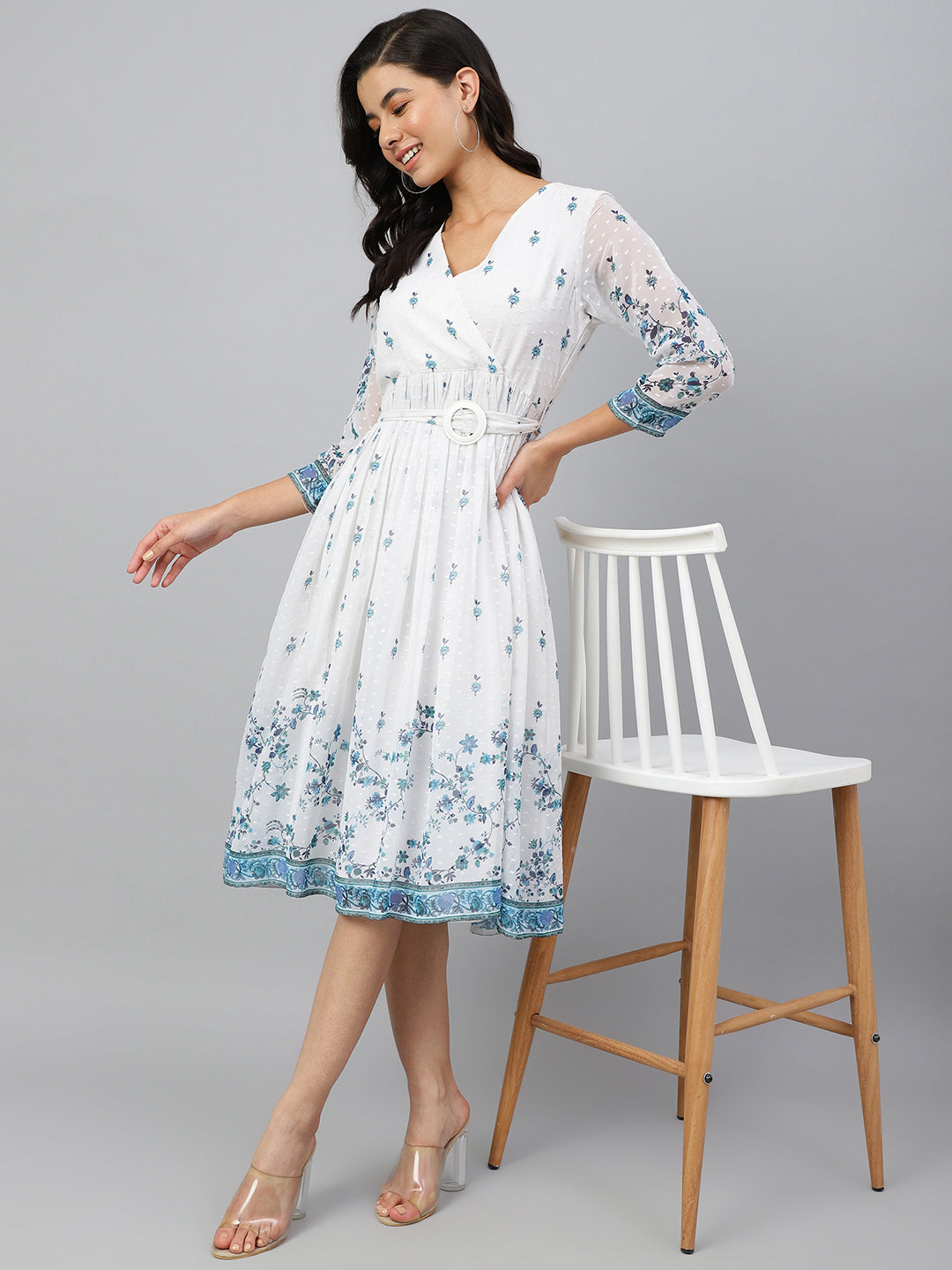 White Dobby Georgette Printed Wrap Dress