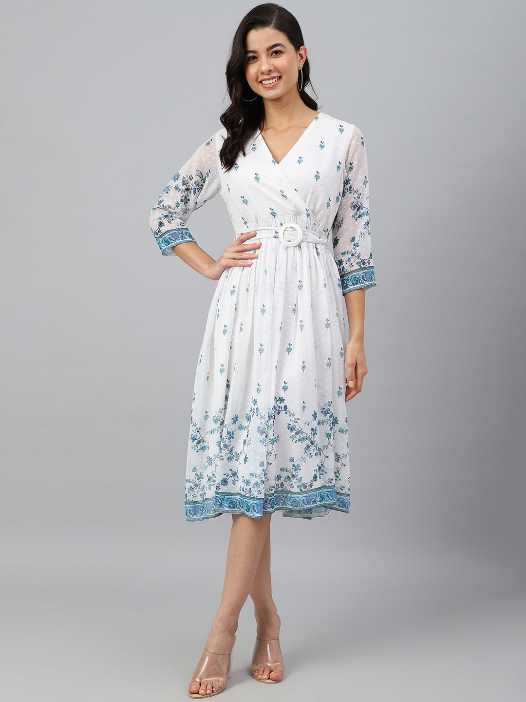 White Dobby Georgette Printed Wrap Dress