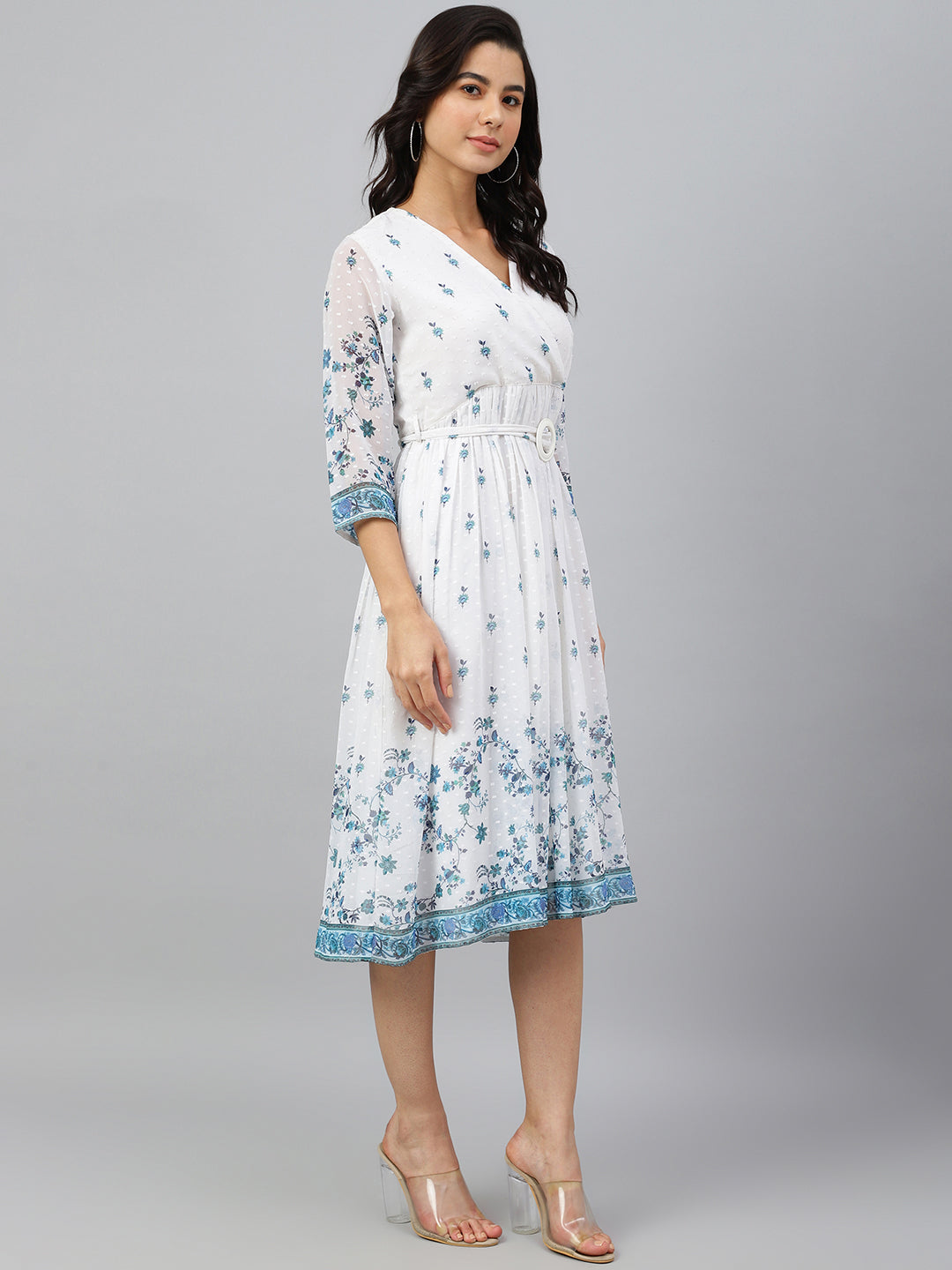 White Dobby Georgette Printed Wrap Dress