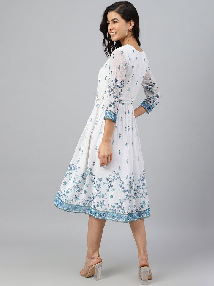 White Dobby Georgette Printed Wrap Dress