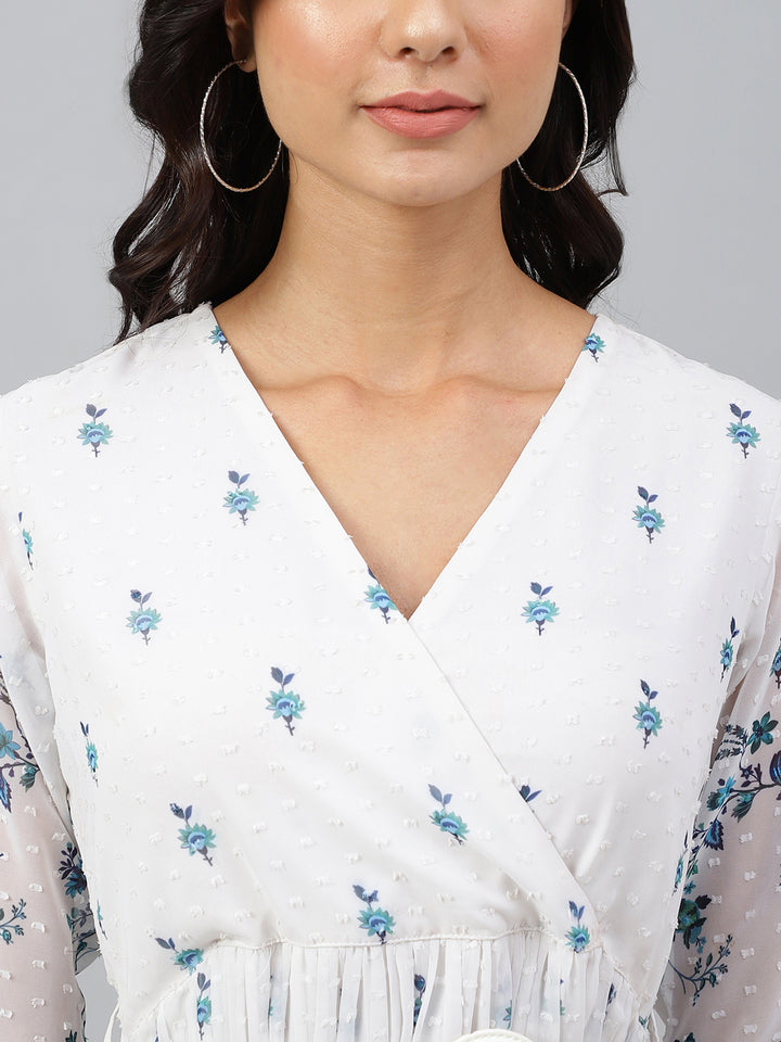 White Dobby Georgette Printed Wrap Dress