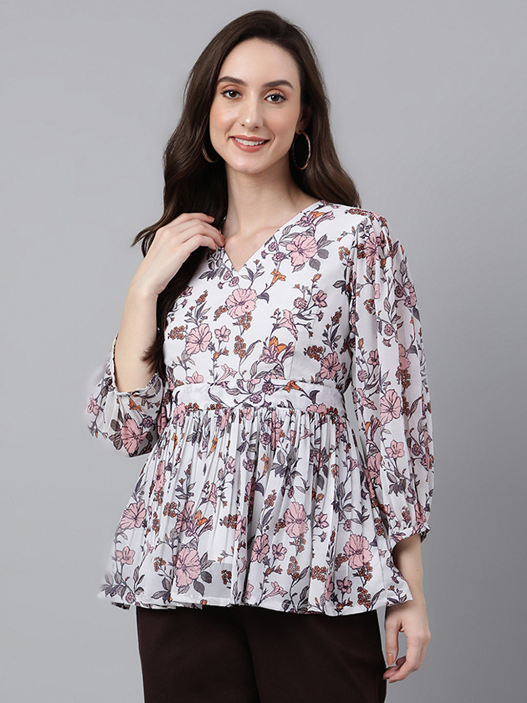 White & Pink Dobby Georgette Floral Print Top