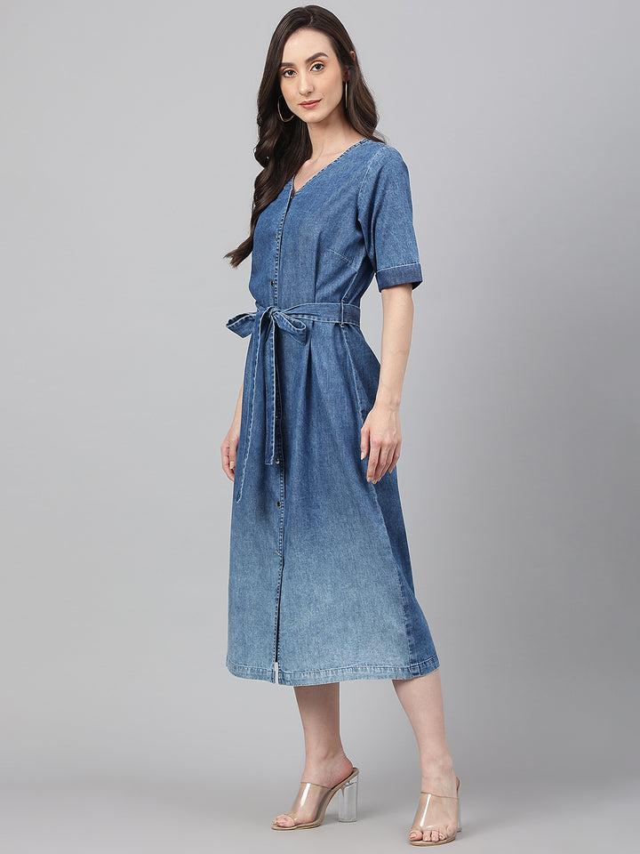 Blue Solid Denim Straight Dress with Belt