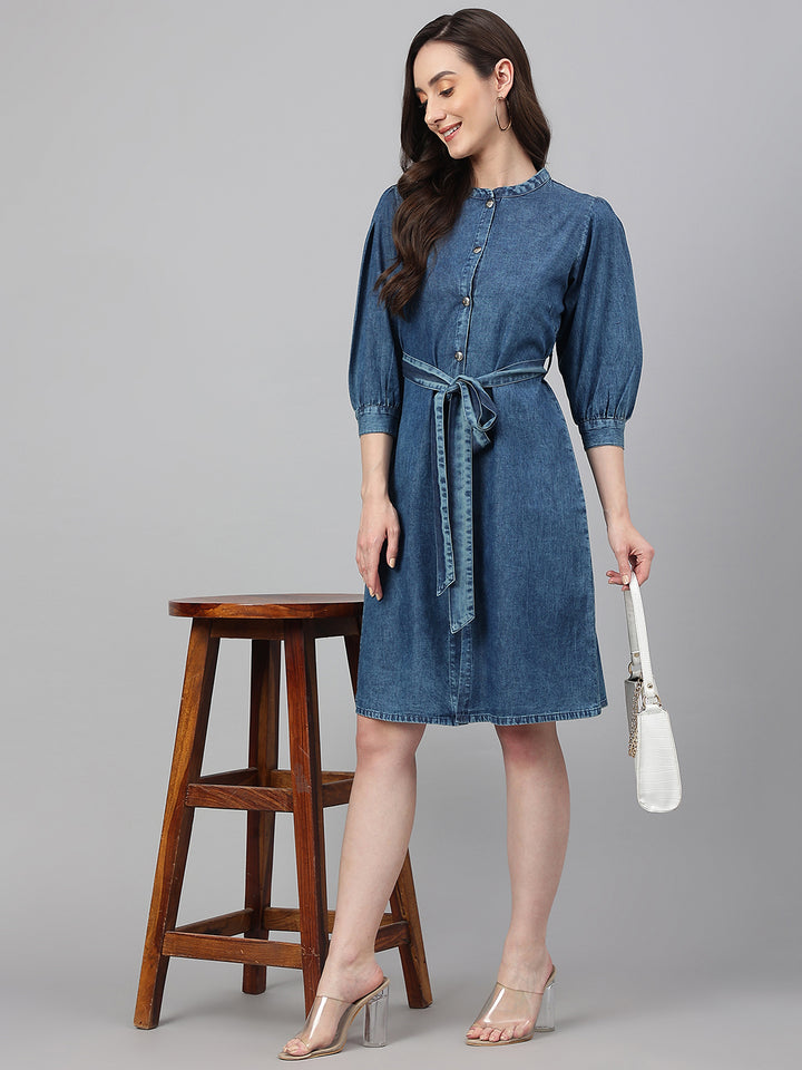 Blue Denim Solid Mandarin Collar Casual Dress