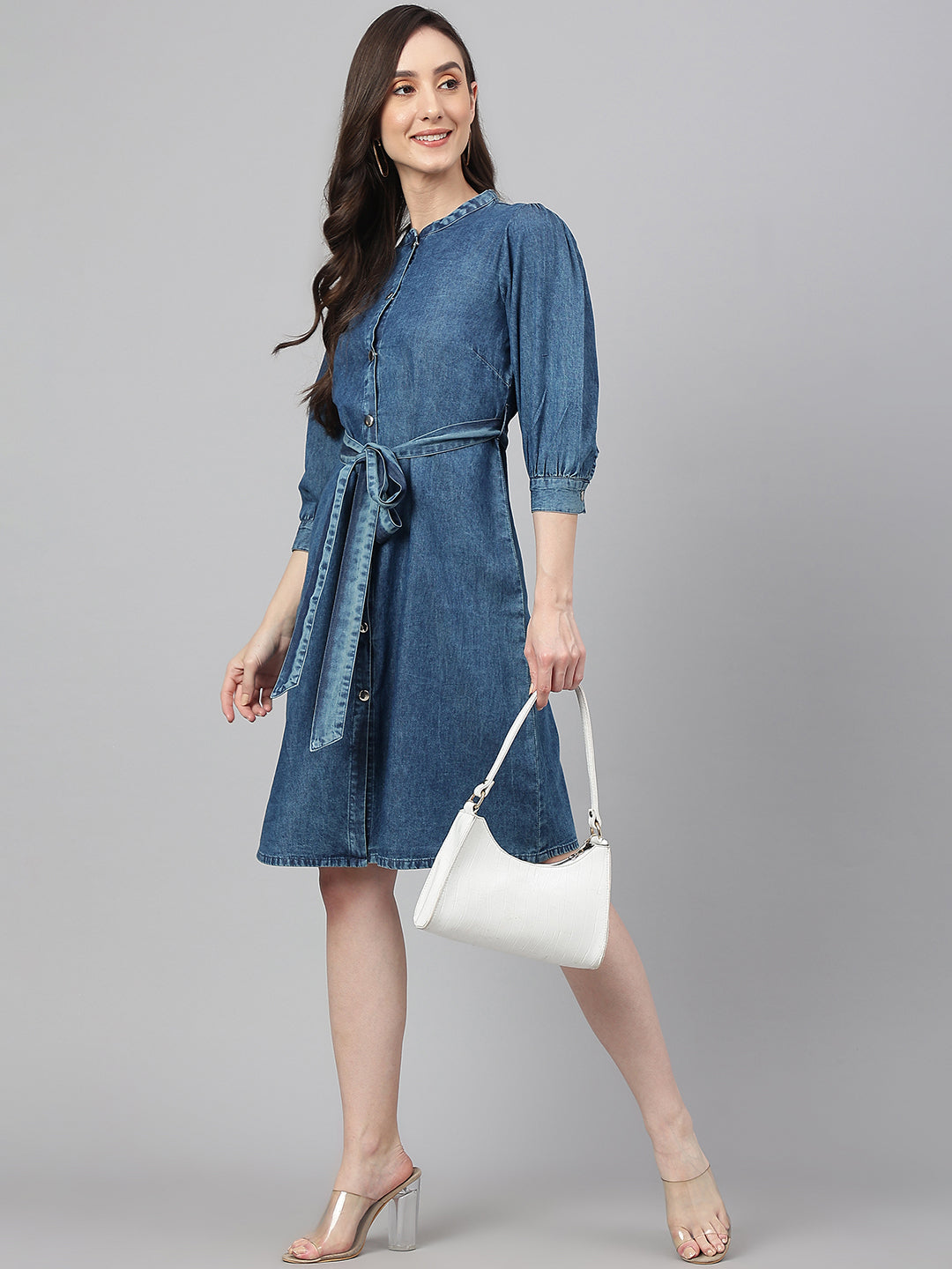 Blue Denim Solid Mandarin Collar Casual Dress