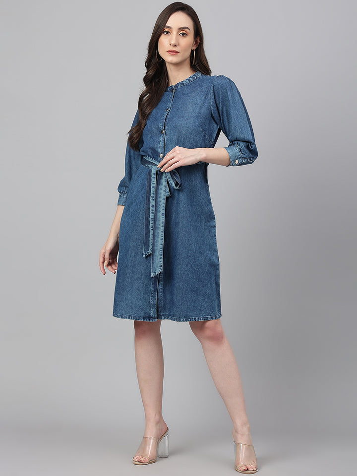 Blue Denim Solid Mandarin Collar Casual Dress