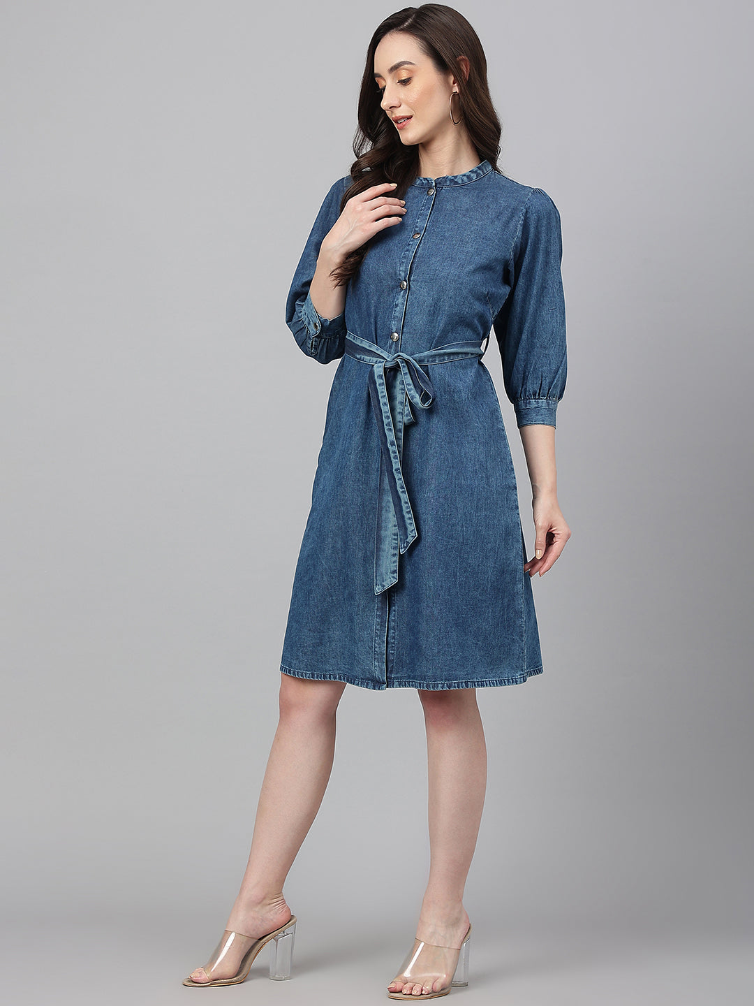 Blue Denim Solid Mandarin Collar Casual Dress