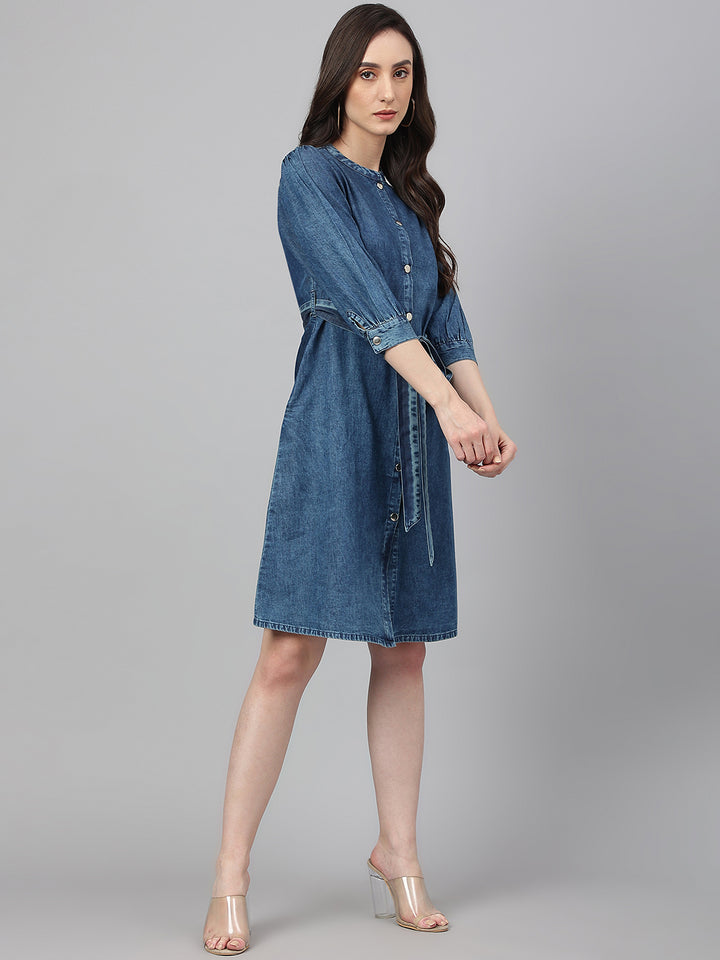 Blue Denim Solid Mandarin Collar Casual Dress