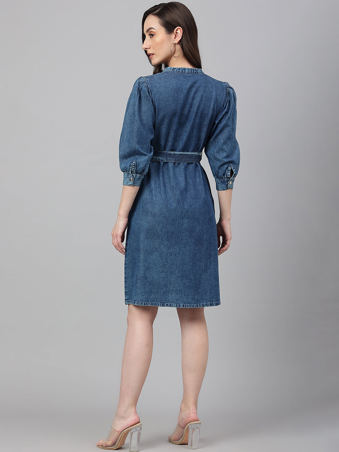 Blue Denim Solid Mandarin Collar Casual Dress