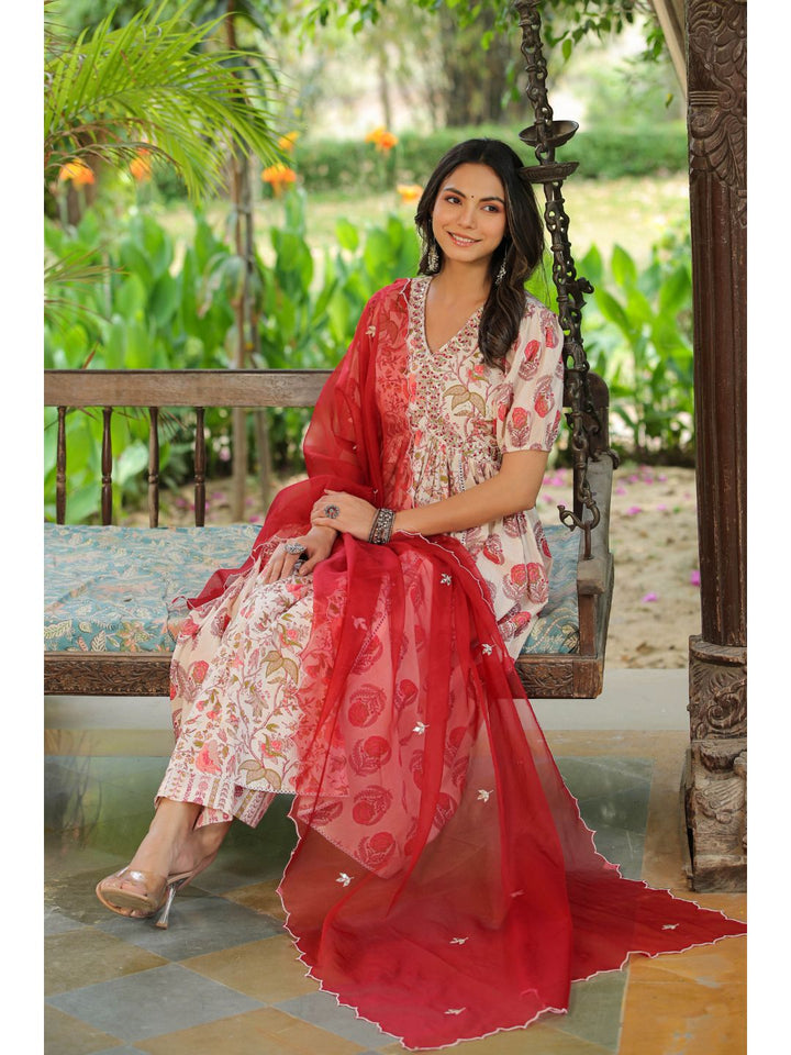 Jasmine White & Red Cotton Embroidery Suit Set
