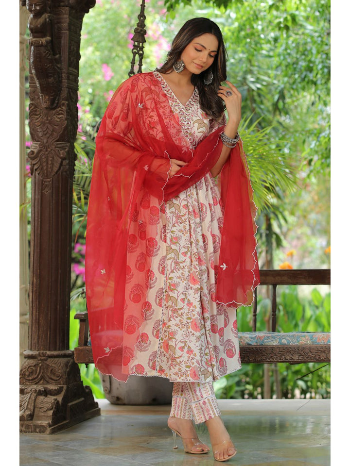Jasmine White & Red Cotton Embroidery Suit Set