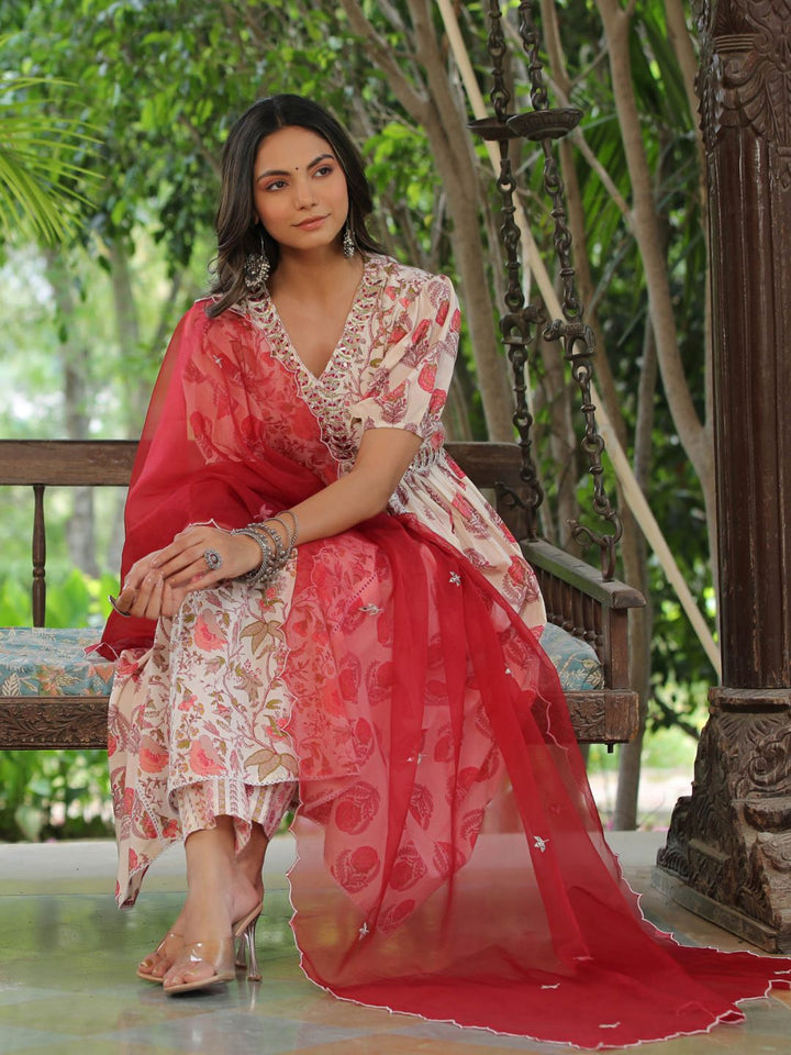 Jasmine White & Red Cotton Embroidery Suit Set