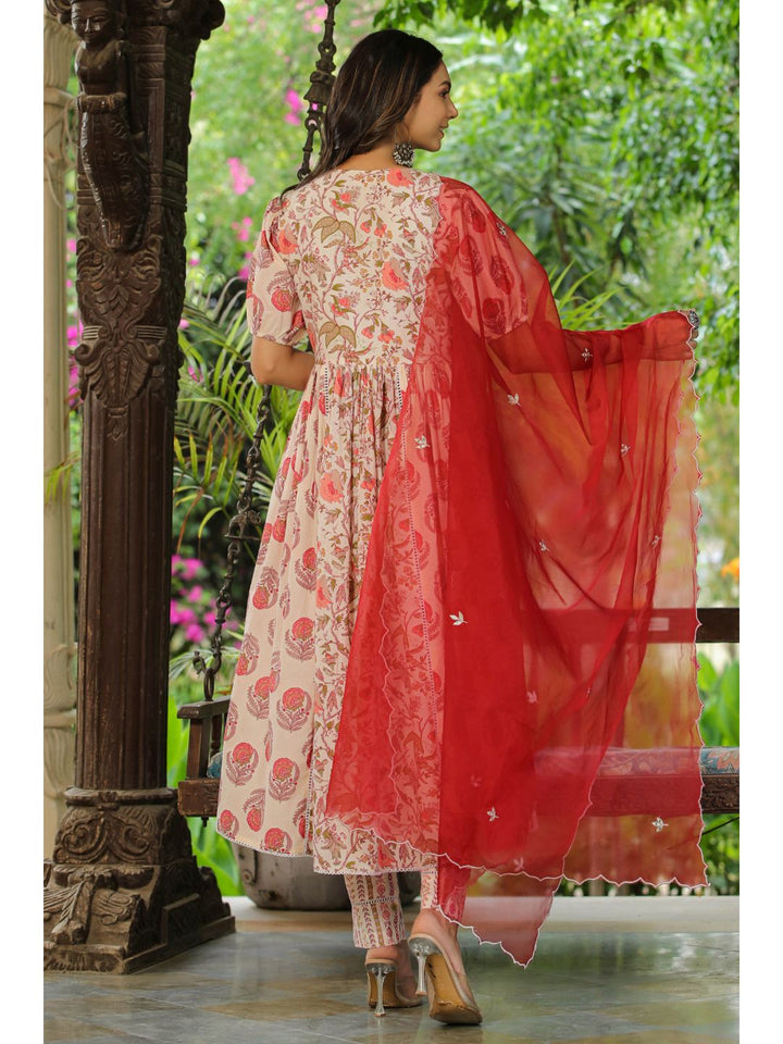 Jasmine White & Red Cotton Embroidery Suit Set