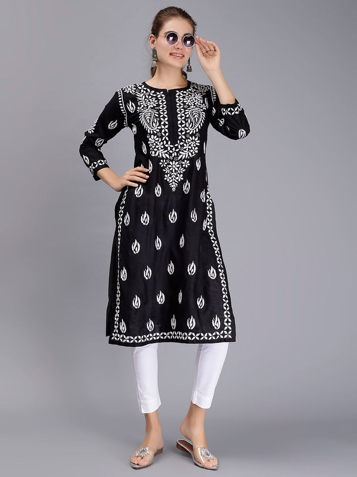 Jet Black Cotton Handwoven Chikankari Kurti