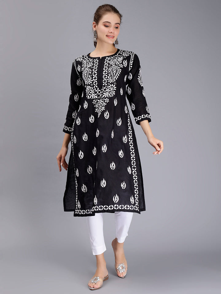 Jet Black Cotton Handwoven Chikankari Kurti