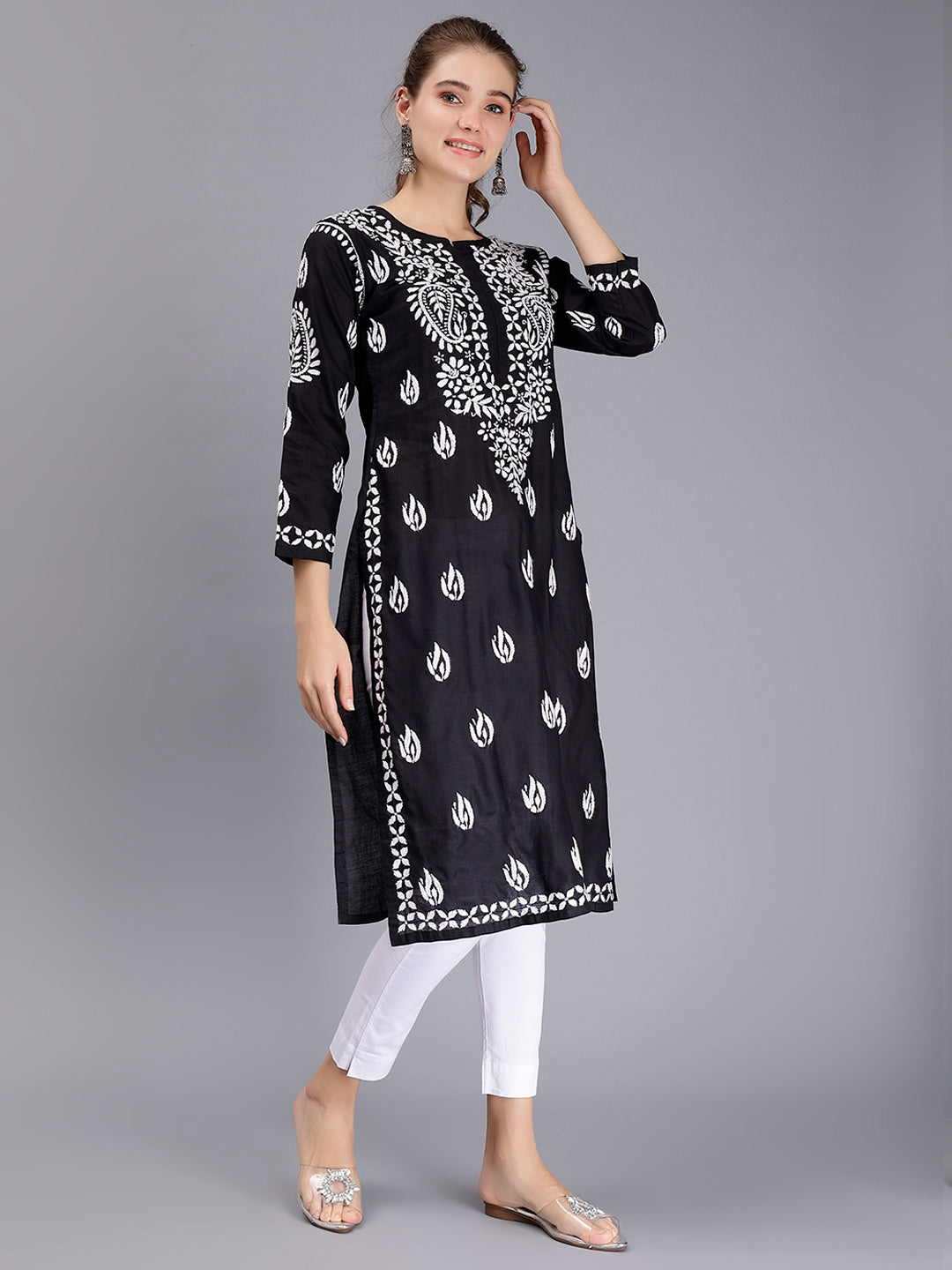 Jet Black Cotton Handwoven Chikankari Kurti