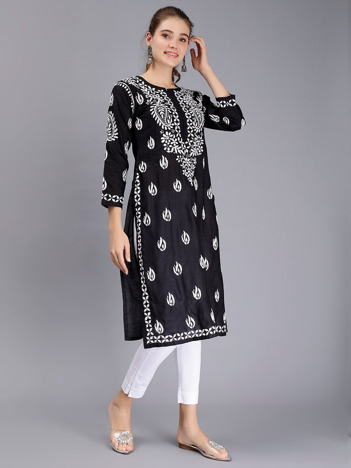 Jet Black Cotton Handwoven Chikankari Kurti