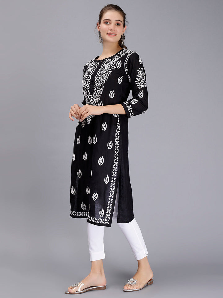 Jet Black Cotton Handwoven Chikankari Kurti