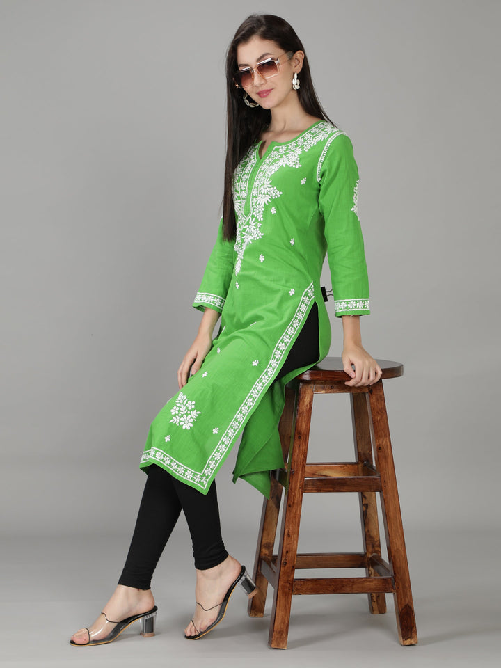 Kelly Green Cotton Chikankari Straight Kurta