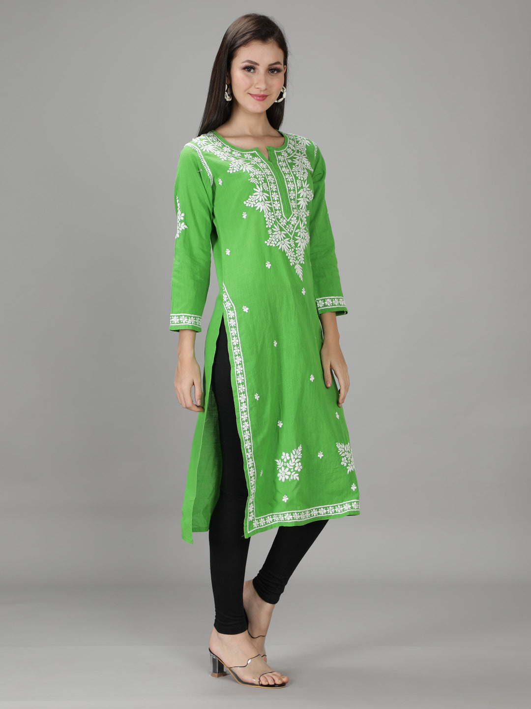 Kelly Green Cotton Chikankari Straight Kurta