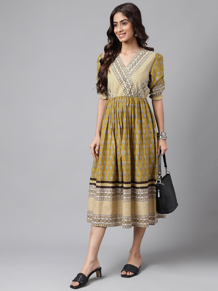Khakhi Yellow & Beige Cotton Printed Middi Dress