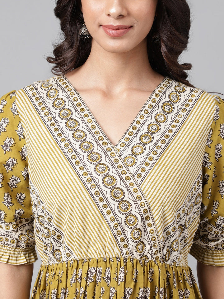 Khakhi Yellow & Beige Cotton Printed Middi Dress