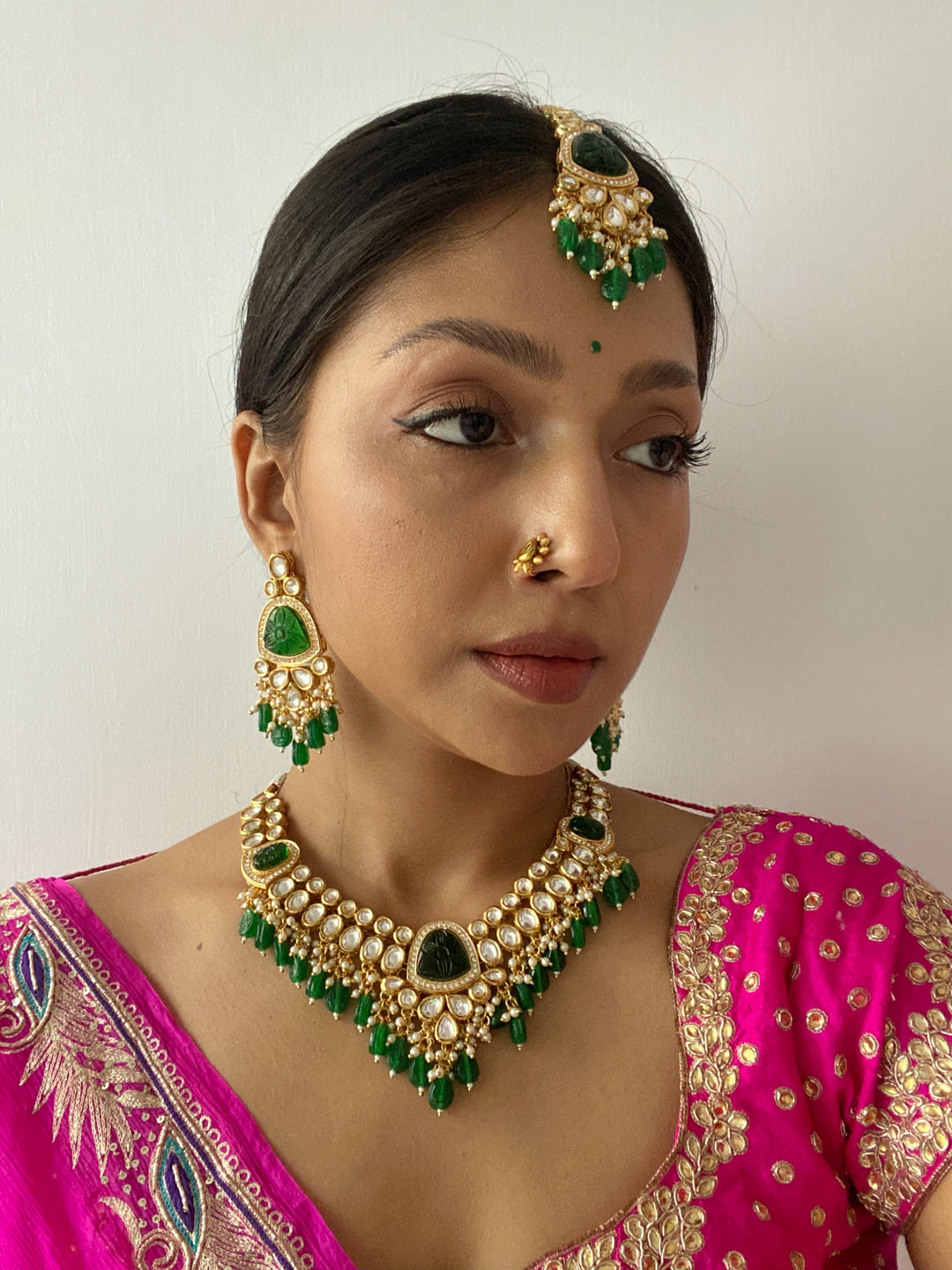 Kundan Emerald Green Beaded Indian Necklace Set