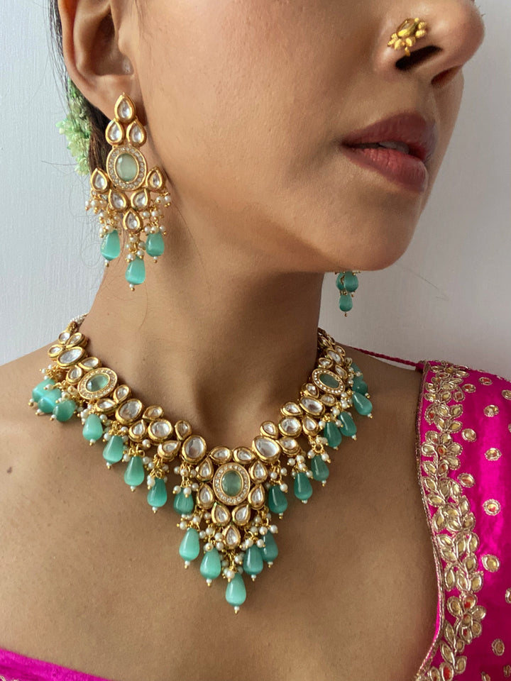 Kundan Mint Green Beaded Indian Necklace Set