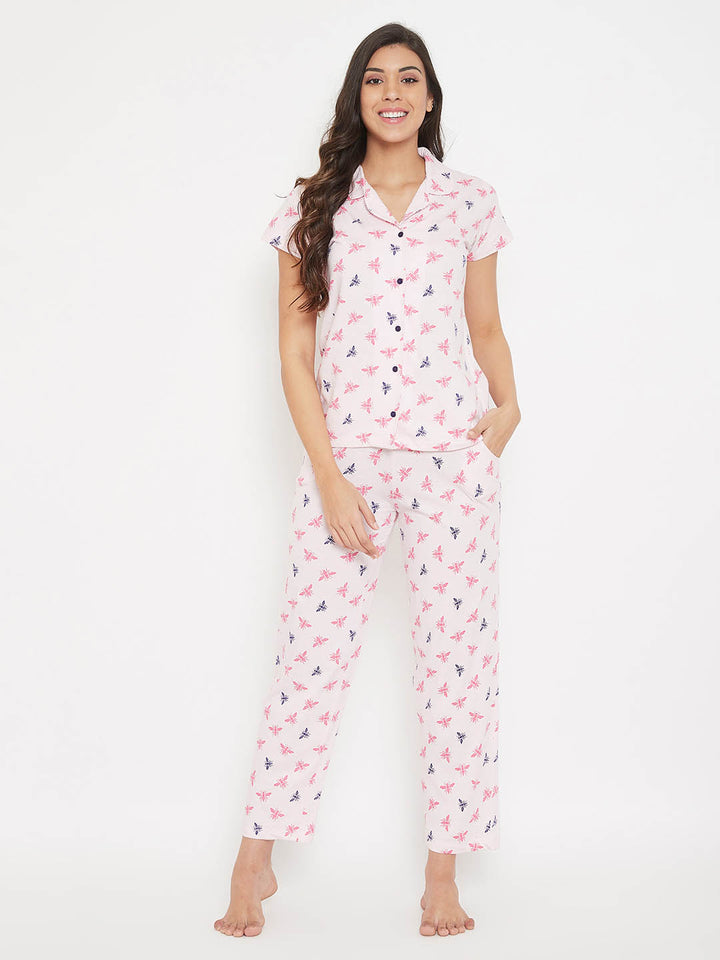 Peach Pink Print Button Me Shirt & Pyjama Set