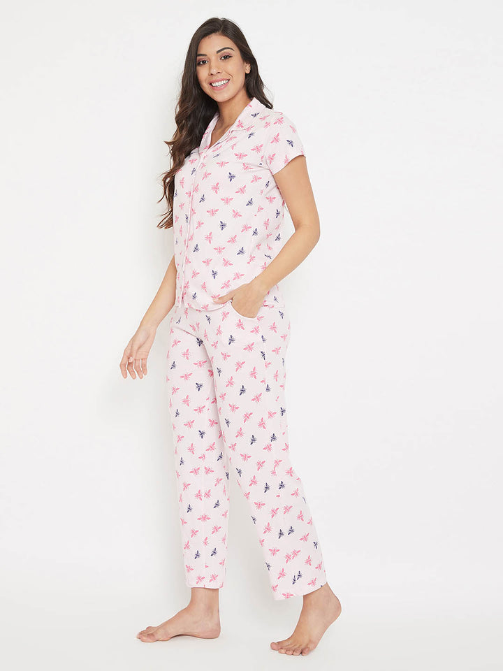 Peach Pink Print Button Me Shirt & Pyjama Set