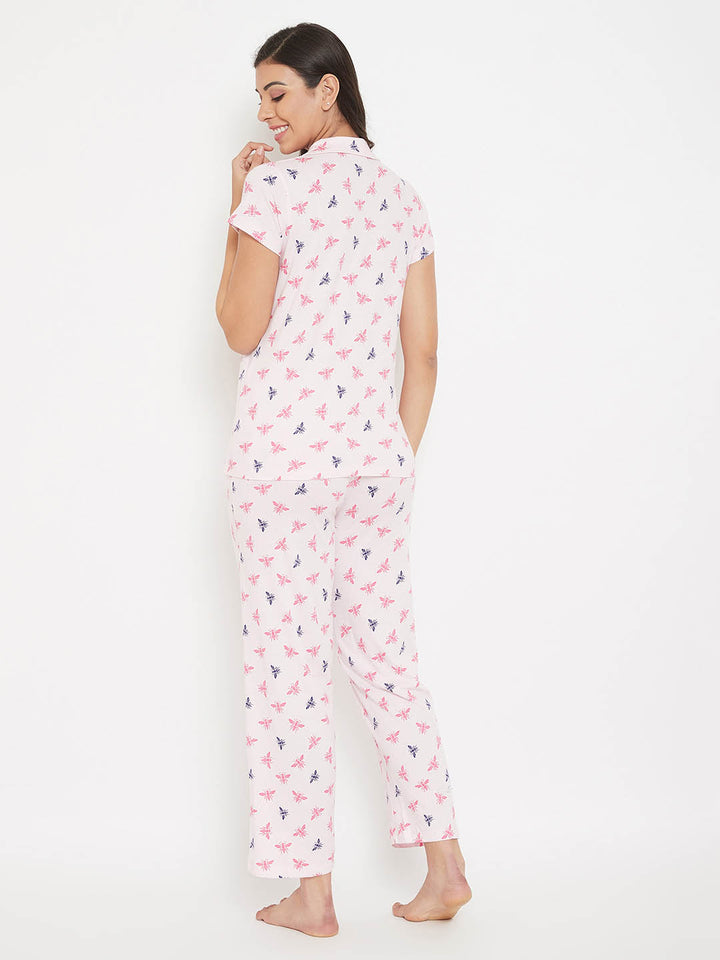 Peach Pink Print Button Me Shirt & Pyjama Set