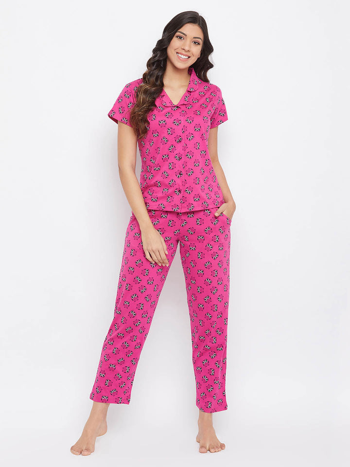 Peach Pink Owl Print Shirt & Pyjama Set