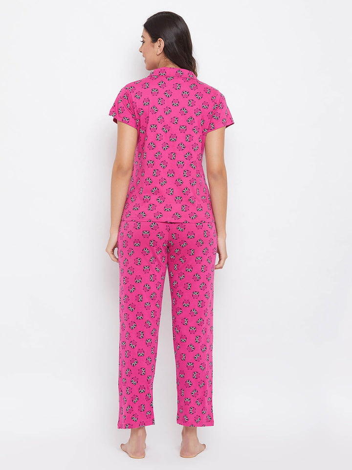 Peach Pink Owl Print Shirt & Pyjama Set