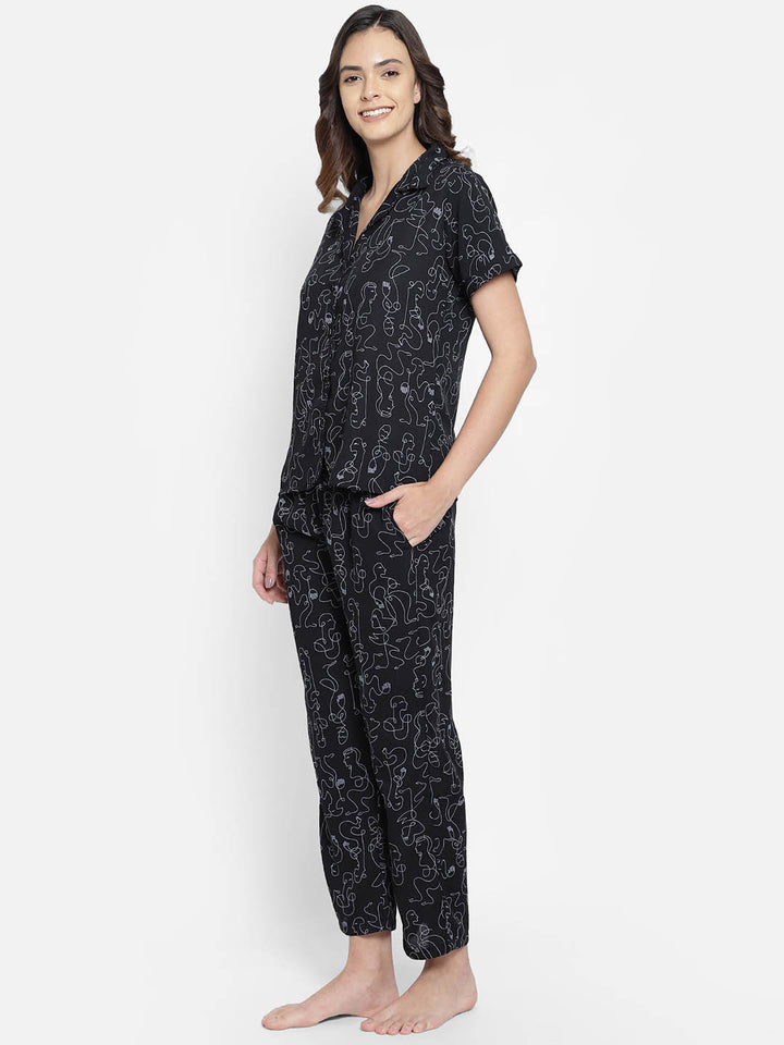 Abstract Print Shirt & Pyjama Set In Black